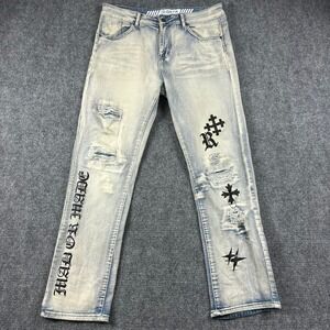 GSTR Distressed Graphic Jeans Mens 34 Light Wash Mad or Made Crosses Streetwear